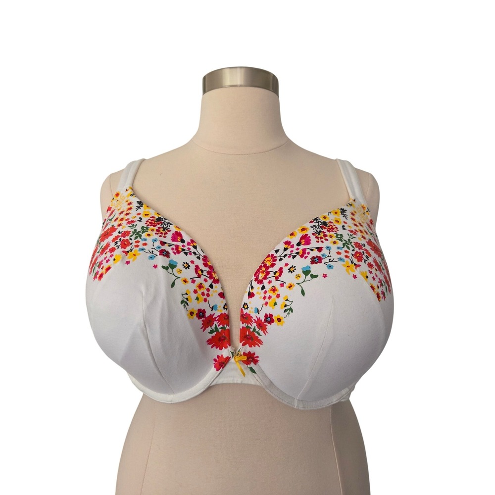 Cacique White Floral Boost Plunge Underwire Bra 48DD Adjustable Straps 05513